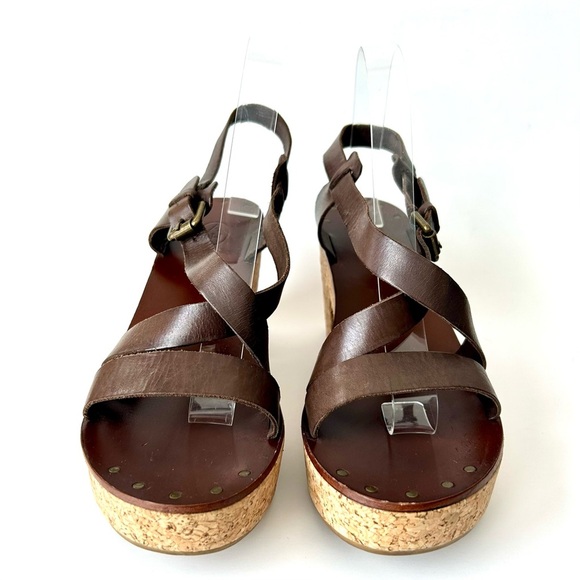 ASH Brown Leather Cork Block Heel Platform Sandals Strappy Open Toe 41 10.5-11 - Picture 4 of 11
